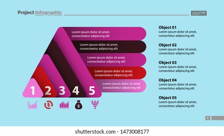 Five elements process chart slide template. Business data. Review, diagram, design. Creative concept for infographic, presentation, report. Can be used for topics like marketing, finance, production.