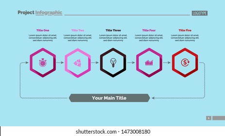Five elements process chart slide template. Business data. Cycle, step, design. Creative concept for infographic, presentation, report. For topics like training, teamwork, finance.
