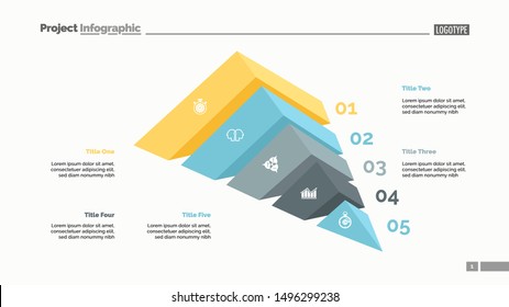 Five elements process chart slide template. Business data. Number, step, design. Creative concept for infographic, presentation, report. Can be used for topics like marketing, research, banking.