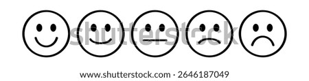 Five emoji faces, line art style. Happy, neutral, then sad