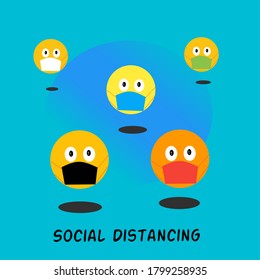 Cinco emojis aplican el distanciamiento social manteniendo su distancia y usando máscaras coloridas