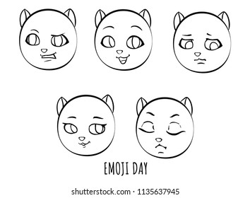 Five emotions of cat's head - emoji - resentment, joy, doubt, love, offense