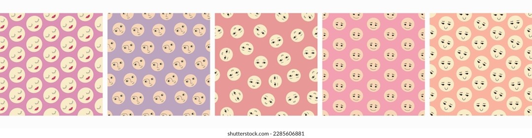 Five endless patterns, funny figures. Abstract background, creative branding design
