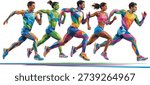 Five energetic runners, both male and female, rendered in a modern geometric polygon style, running on a multi colored path.
