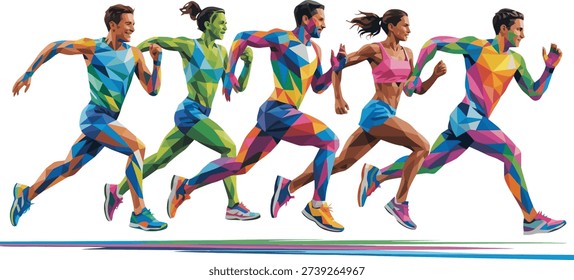 Five energetic runners, both male and female, rendered in a modern geometric polygon style, running on a multi colored path.