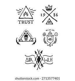 Fünf esoterische okkulte Symbole Dreiecke Schädel Hamsa Hand drittes Auge Krone gekreuzte Pfeile Vertrauen wir sind ein Air Walk Text Banner Vintage handgezeichnet schwarz weiß Vektorgrafiken