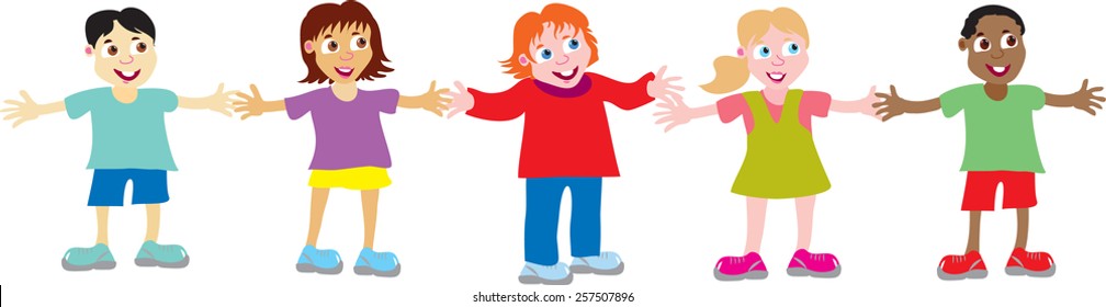 Five ethnically diverse smiling children standing in a row