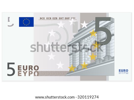 Five euro banknote on a white background.