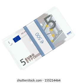 Five euro banknotes pack on a white background. Vector illustration.