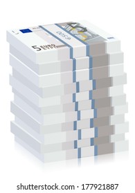 Five euro banknotes stacks on a white background. Vector illustration.