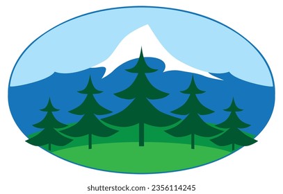 Five evergreens in front of snow capped mountains inside an oval