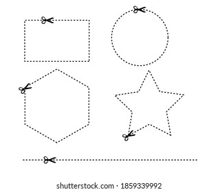 Five examples of coupon borders. Cut out squares, stars, pentagons, circles, and straight lines