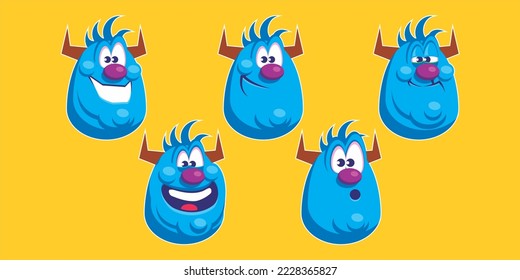 Five facial expressions of a horned monster character