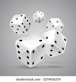 Five falling white game dices on grey background. Casino gambling. Poker