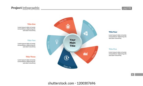 Five fan blades process chart slide template. Business data. Workflow, step, design. Creative concept for infographic, presentation, report. For topics like management, production, planning.