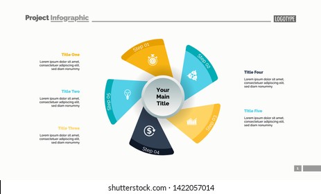 Five fan blades process chart slide template. Business data. Workflow, step, design. Creative concept for infographic, presentation, report. For topics like management, production, planning.
