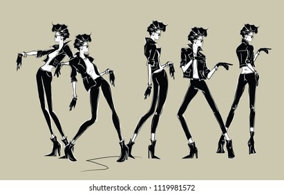 Five fashion women in sketch style. Vector illustration.