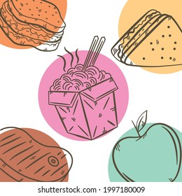 cinco iconos de juego de comida rápida