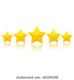 Five fat golden stars with reflection. Excellent quality rating. Vector, isolated, eps10.