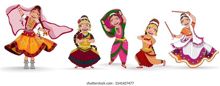 Five Female Classical Dancers From Different States Of India Performed Against White Background.