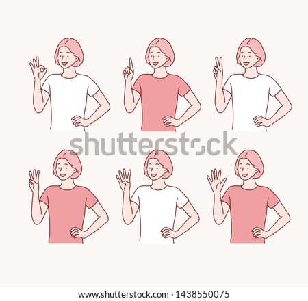 Five female hands raise up, in fist, one finger, two, three, four, and all five fingers pointing up. Hand drawn style vector design illustrations.