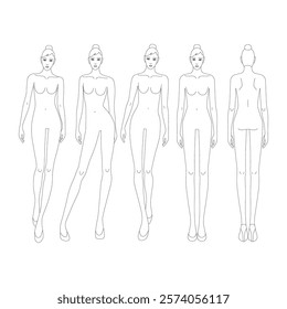 Five female line technical drawing croquis for flat fashion sketches and cads. 9 head vector mannequin design with seams. Catwalk fashion figures