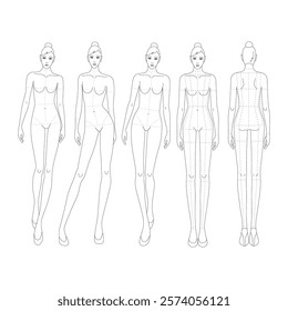 Five female line technical drawing croquis for flat fashion sketches and cads. 9 head vector mannequin design. Catwalk fashion figures