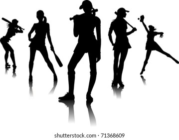 five female silhouettes - baseball players (vector);