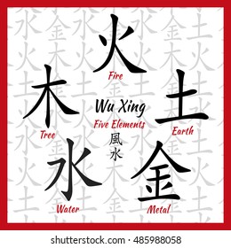 Five Feng Shui Elements Set - Chinese Wu Xing symbols. Translation of chinese hieroglyphs- wood, fire, earth, metal, water.