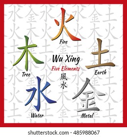 Five Feng Shui Elements Set - Chinese Wu Xing symbols. Translation of chinese hieroglyphs- wood, fire, earth, metal, water.