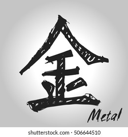 Five Feng Shui Elements Set - Chinese Wu Xing symbols. Translation of chinese hieroglyphs- wood, fire, earth, metal, water. Hand drawn hieroglyphs of 5 elements