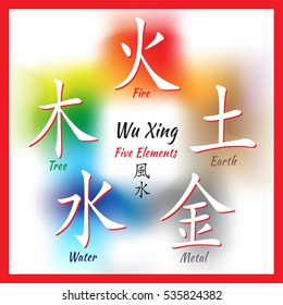 Five Feng Shui Elements Set - Chinese Wu Xing symbols. Translation of chinese hieroglyphs- wood, fire, earth, metal, water.