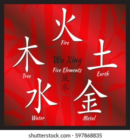 Five Feng Shui Elements Set - Chinese Wu Xing symbols. Translation of chinese hieroglyphs- wood, fire, earth, metal, water.