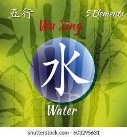 Five Feng Shui Elements Set - Chinese Wu Xing symbols. Translation of chinese hieroglyphs- wood, fire, earth, metal, water.