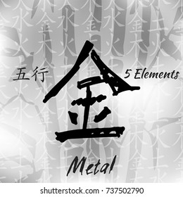 Five Feng Shui Elements Set - Chinese Wu Xing symbols. Translation of chinese hieroglyphs- wood, fire, earth, metal, water.