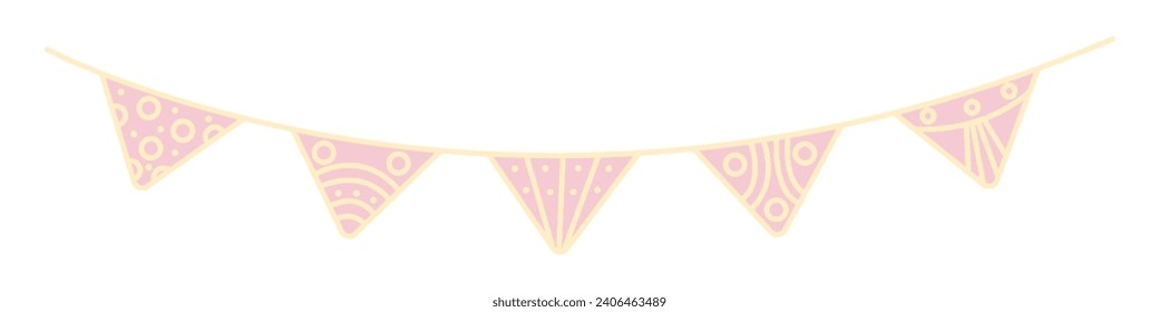 Five festive holiday triangles flags on a rope, birthday garland, hanging party pennants, cute vector illustration in light pink and yellow colors
