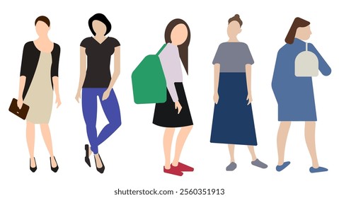 Five fictional characters, all female. Flat vector illustration isolated on white background.