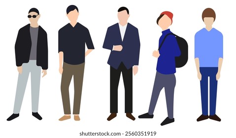 Five fictional characters, all male. Flat vector illustration isolated on white background.