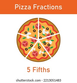 Five fifths pizza fractions. Fraction for kids. Pizza slices. Fraction fun with pizza. vector illustration isolated on white background.