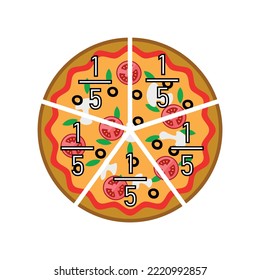 Five fifths pizza fractions. Fraction for kids. Pizza slices. Fraction fun with pizza. vector illustration isolated on white background.