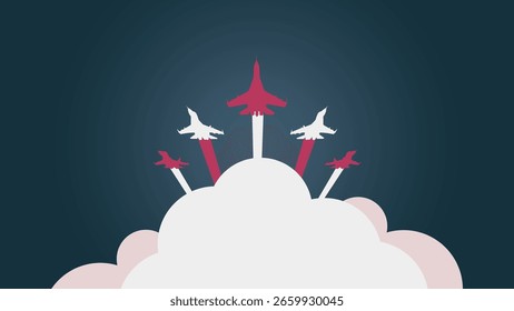 Cinco aviones de combate despegan, dejando rastros, sobre un fondo azul oscuro y nubes blancas.