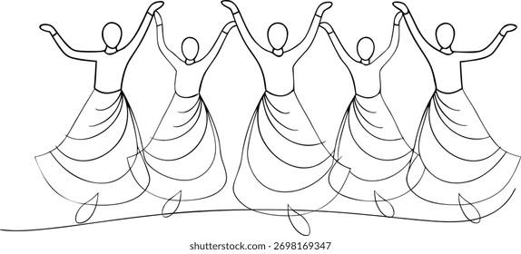 Cinco figuras bailando en un círculo tomados de la mano bailan