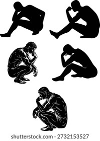 Fünf Figuren von Männern in nachdenklichen oder nachdenklichen Posen. Umfasst detaillierte Muskelfiguren und einfache Silhouetten in gekrümmten Positionen, Hand am Kinn. Stellt tiefes Denken und Selbstbeobachtung dar.