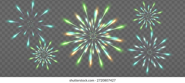Cinco fuegos artificiales con diferente intensidad y brillo sobre un fondo oscuro. Turquesa dominante brillante estalla con efectos de luz verde, verde claro, blanco y dorado para el diseño festivo de la celebración.