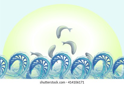 Five fishes are jumping against the sunset. Vector