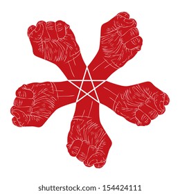 Five fists abstract symbol with five point star, black and white vector special emblem with human hands.