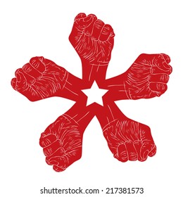 Five fists abstract symbol with five point star, black and white vector special emblem with human hands.