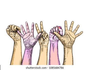 Five fists raised in protest on white background. Ink style poster. Protest, strength, freedom, revolution, rebel, revolt concept. Vector.