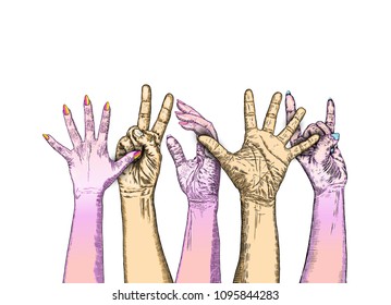 Five fists raised in protest on white background. Ink style poster. Protest, strength, freedom, revolution, rebel, revolt concept. Vector.