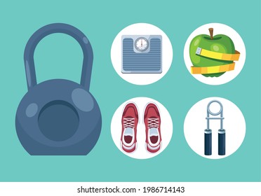 five fitness gym equipment set icons